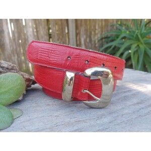 Vintage Red Leather Lizard Print Womans Belt By Calderon